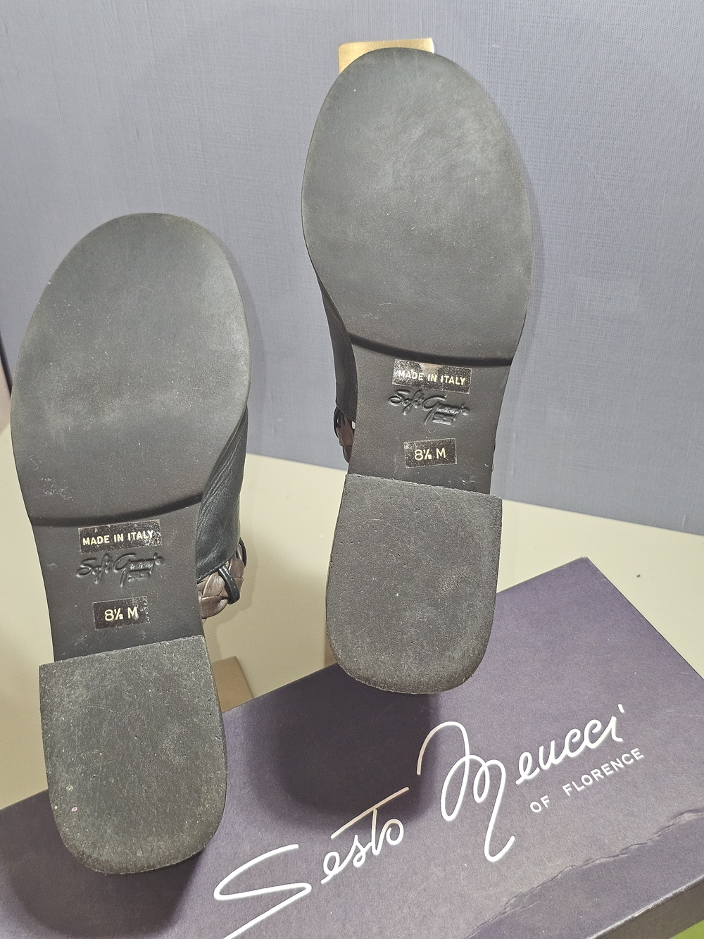 Sesto Meucci Black Leather Open-Back Mules with Brown Braided Trim Wood Stack - Picture 11 of 15